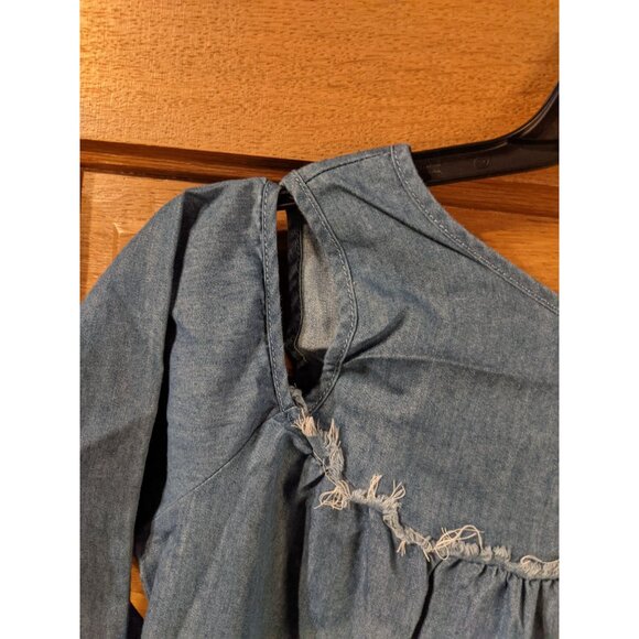 Robert Louis Denim Tunic Shirt Top M Blue Faded Selvage Hem Cold Shoulder - Picture 2 of 6